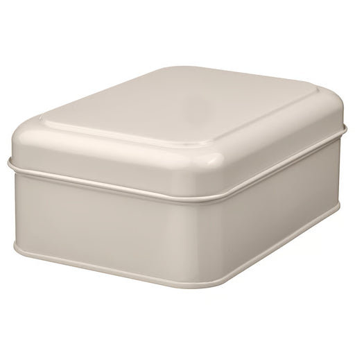 IKEA PLOGFÅRA light beige metal storage box with lid, front view, clean minimal design #30543213