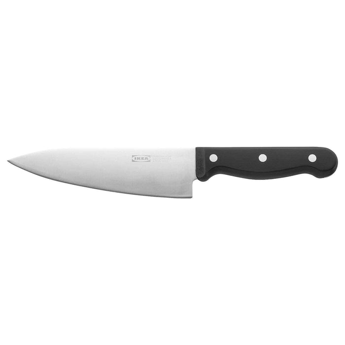 Chef's knife with a black handle on a white background