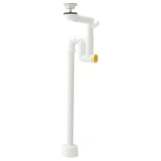 A white IKEA RÄNNILEN water trap with a flexible corrugated pipe and a single bowl connection, shown isolated on a white background-30562433