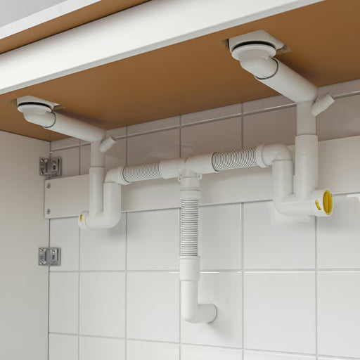 IKEA RÄNNILEN white adjustable under-sink water trap connected to double basin drain plumbing side view