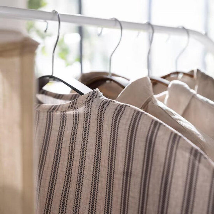 IKEA BUMERANG Coat hanger, natural with RÅGODLING Clothes cover, textile striped/beige anthracite
