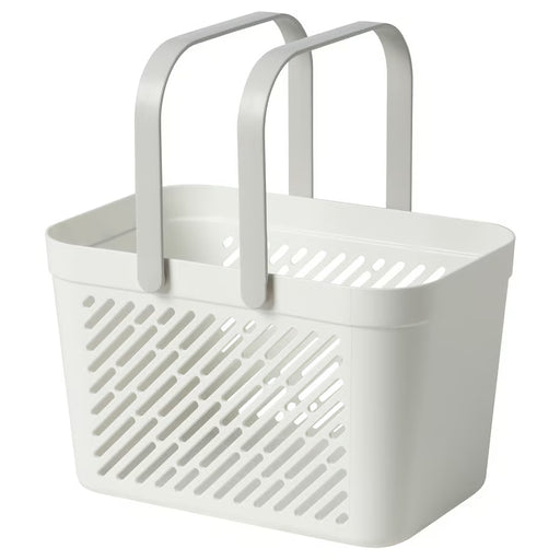 IKEA RÅNEN white plastic bathroom basket with foldable handles and ventilation holes, front view #70527094