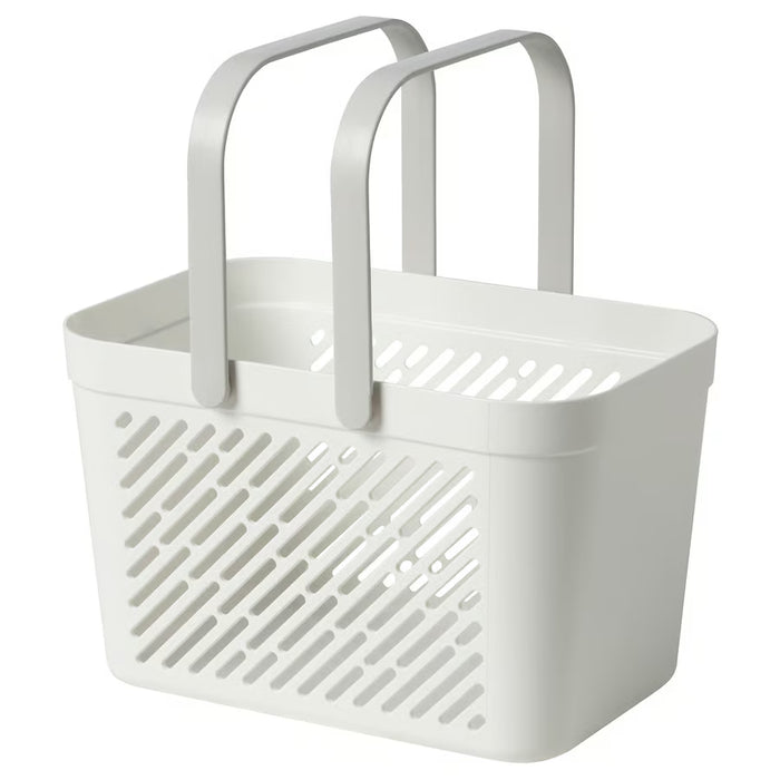 IKEA RÅNEN white plastic bathroom basket with foldable handles and ventilation holes, front view #70527094
