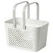 IKEA RÅNEN white plastic bathroom basket with foldable handles and ventilation holes, front view #70527094