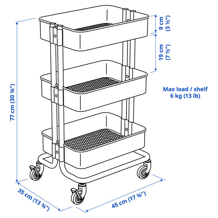 IKEA RÅSKOG pink trolley technical measurement diagram showing height width and depth dimensions