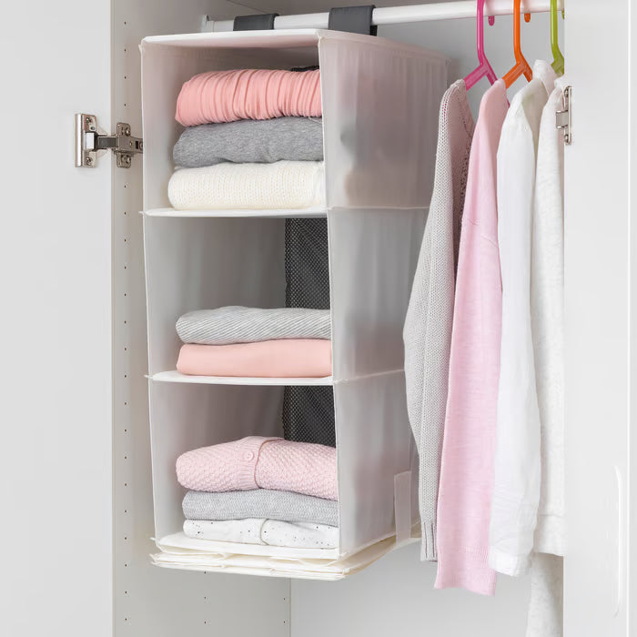  IKEA RASSLA white hanging organiser in wardrobe with clothes and accessories sorted in compartments