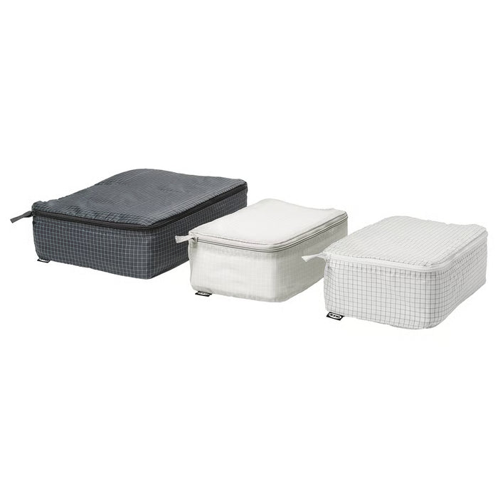 IKEA RENSARE clothes bag set of 3 grey black check pattern packing cubes travel organiser #40432506