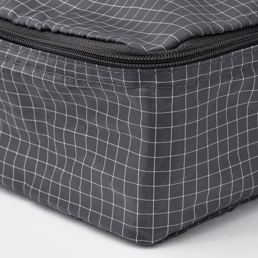  Close-up of IKEA RENSARE grey check packing cube showing sturdy black zip and grid pattern detail