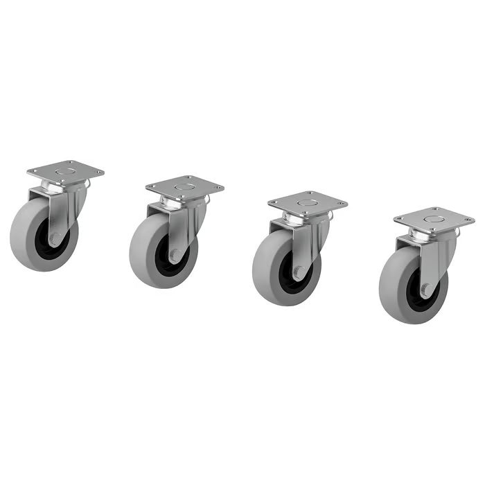 IKEA RILL grey castor 50 mm front view showing polypropylene wheel and galvanised steel holder #401.887.74