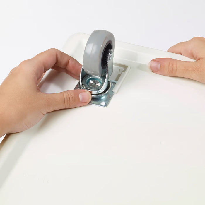 All four IKEA RILL grey castors arranged on white background showing pack quantity