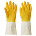 IKEA RINNIG cleaning gloves in a vibrant yellow with a contrasting off-white cuff, offering grip and protection.