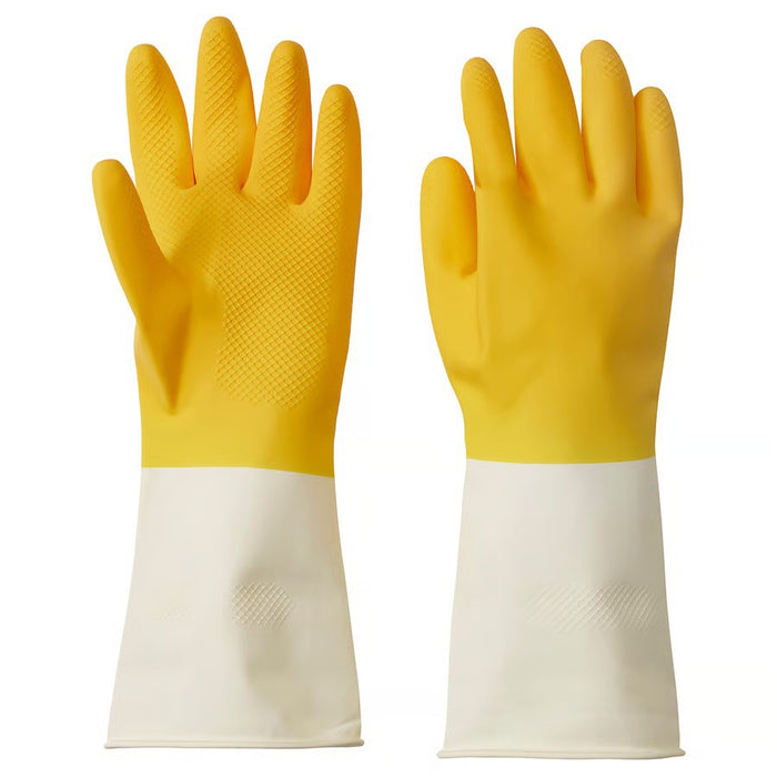 Bright yellow and off-white rubber cleaning gloves from IKEA’s RINNIG series.

