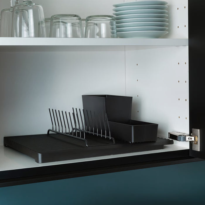 IKEA RINNIG plate holder technical view showing 9-plate capacity with steel and soft plastic detail