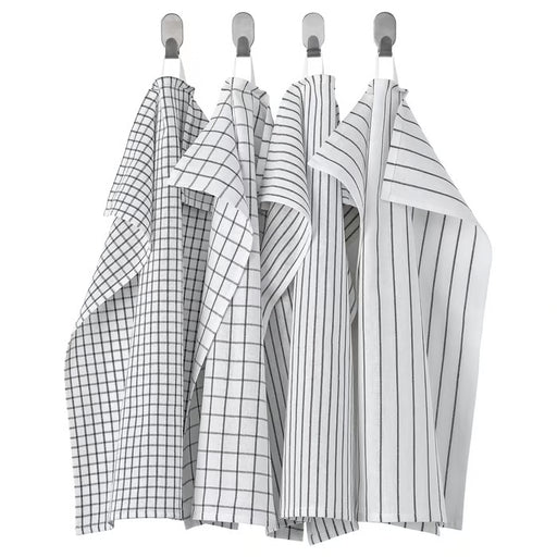 IKEA RINNIG tea towels white dark grey pack of 4 hanging on rod, patterned cotton kitchen towels #80476348