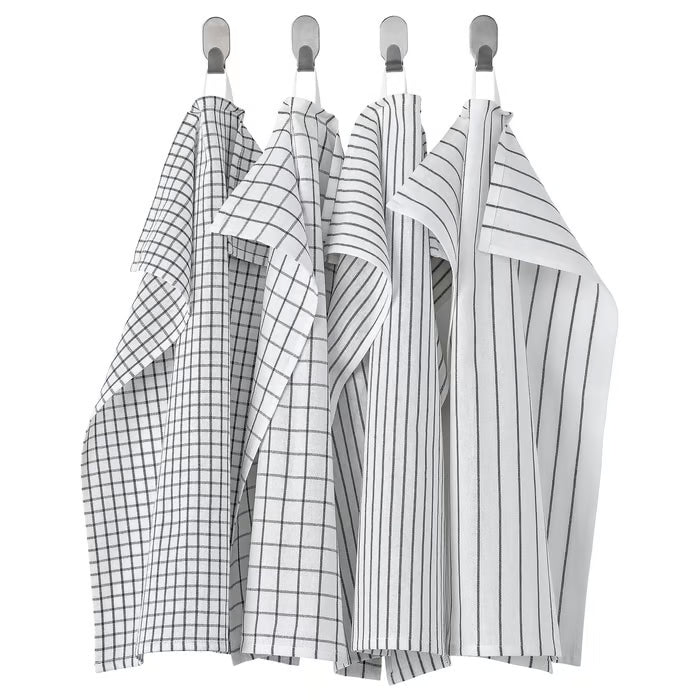 IKEA RINNIG tea towels white dark grey pack of 4 hanging on rod, patterned cotton kitchen towels #80476348