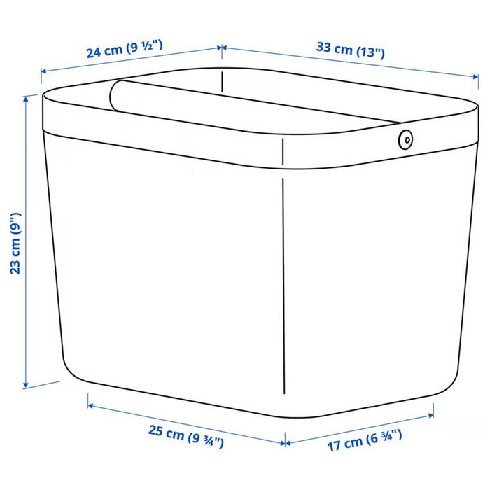 Measurement chart of a rectangular container with dimensions labeled.