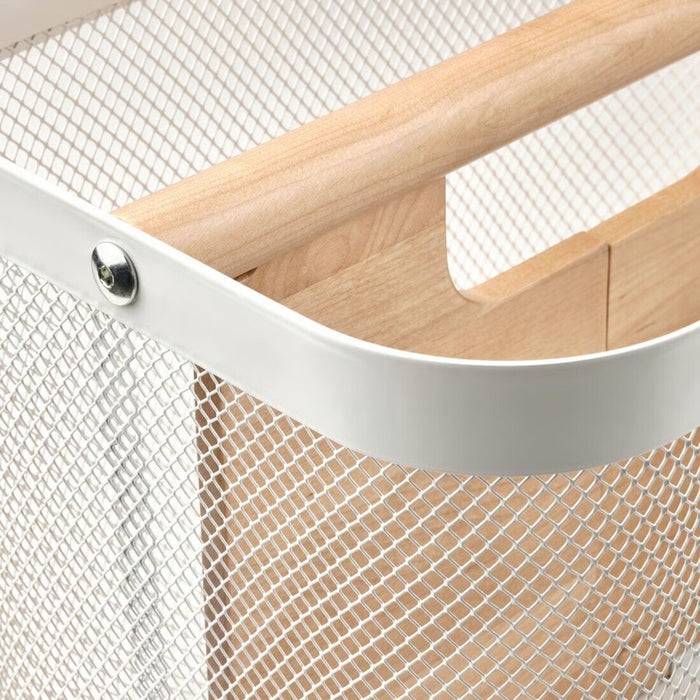 Metal mesh basket with wooden handle on a white background