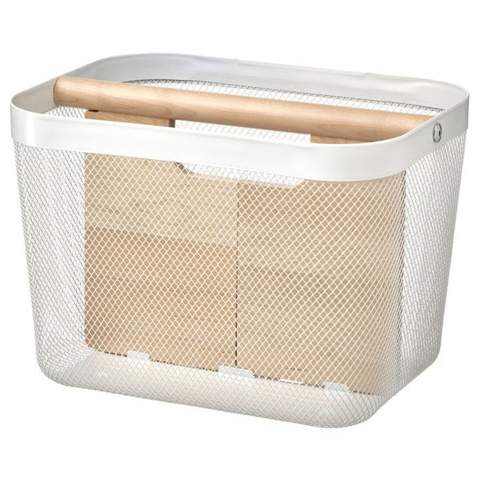 Mesh storage basket with wooden handle on a white background