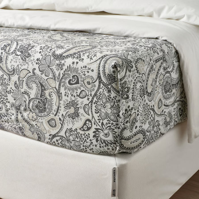  IKEA RODGERSIA flat sheet hem detail grey white paisley design showing wide and narrow hem ends