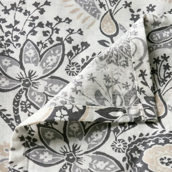 Close-up of IKEA RODGERSIA grey white paisley flat sheet showing intricate floral print and fabric texture