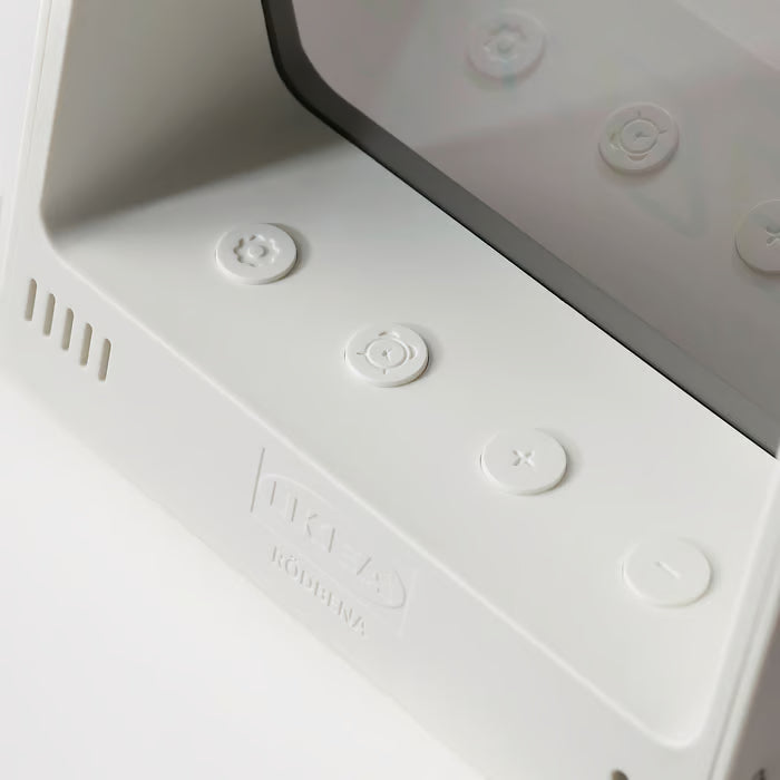 IKEA RÖDBENA white alarm clock top-down view showing control buttons layout