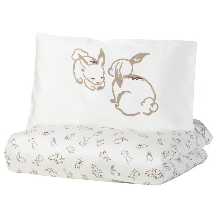  IKEA RÖDHAKE baby cot duvet cover and pillowcase set white beige rabbit pattern 100% cotton sateen #10440174