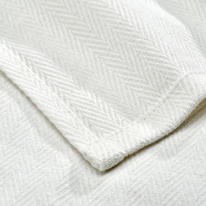 Folded stack of IKEA RÖDSPÄTTA white herringbone cotton tea towels neatly displayed close-