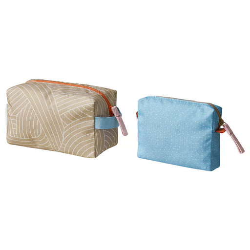 IKEA ROMELSÖN accessory bag set of 2 patterned beige and blue zip pouches on white background #30640596