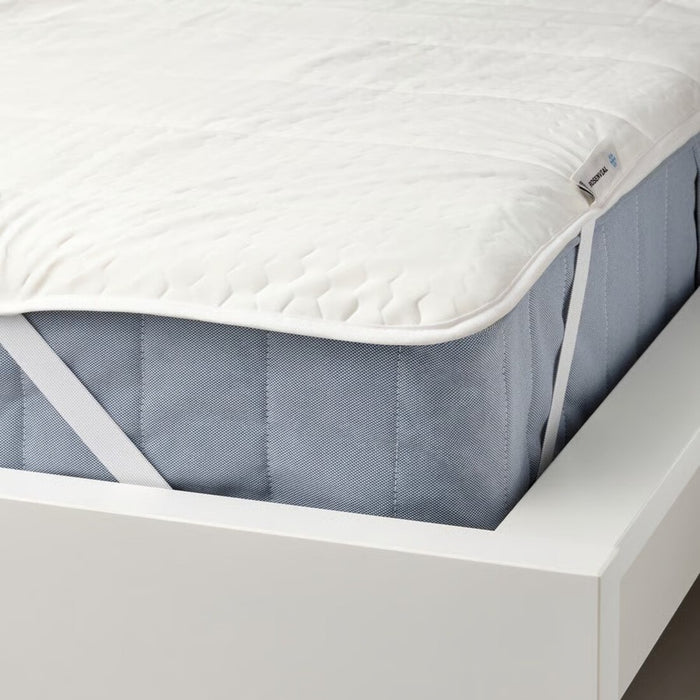 Mattress with a white cover on a white bed frame