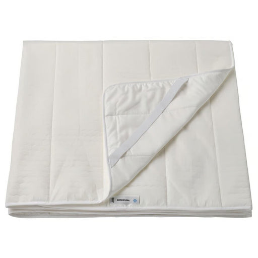 White quilt with a visible brand label on a white background