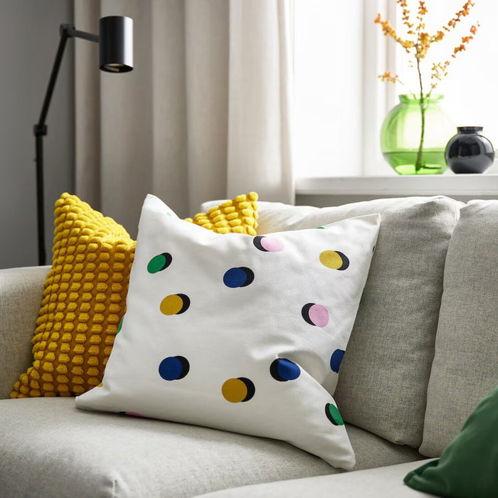 Stylish IKEA RUNDKRASSING cushion cover, white with multicolour dots, 50x50 cm size for sofa or chair.
 10582804     