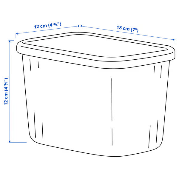 IKEA RYKTA storage box with lid dimension illustration showing 18x12x12 cm measurements