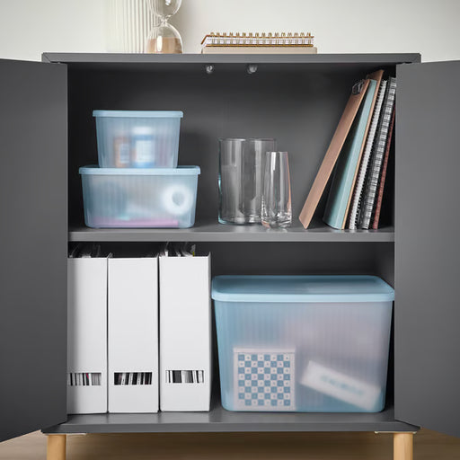 IKEA RYKTA transparent grey-blue storage boxes with lids inside open grey cabinet with binders and glassware