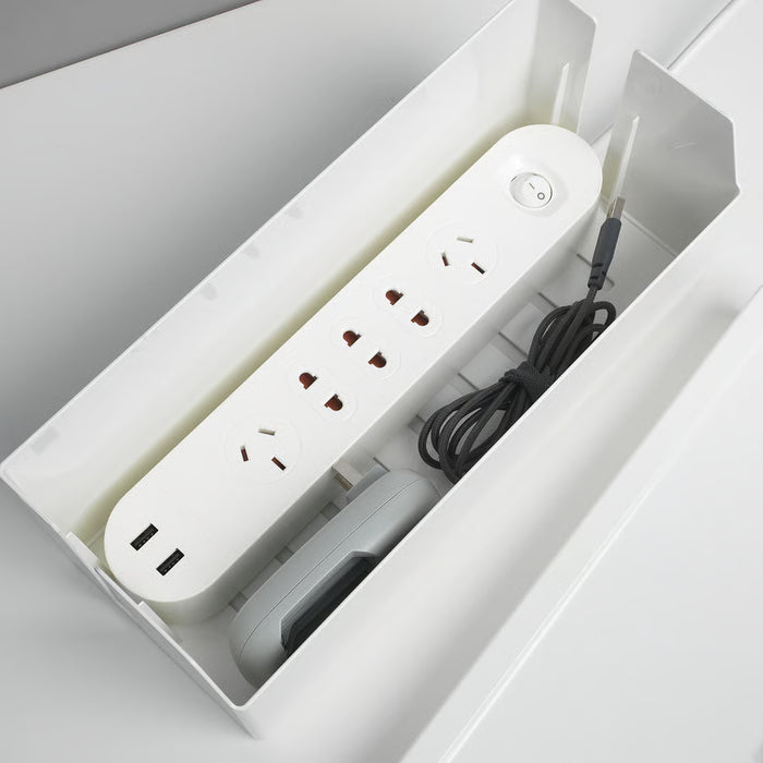 IKEA SÄTTING white cable management box showing side cable cutout hole keeping desk tidy