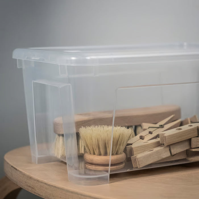  IKEA SAMLA transparent box with lid stacked on another SAMLA box showing stackable design