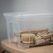  IKEA SAMLA transparent box with lid stacked on another SAMLA box showing stackable design