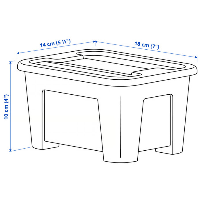 IKEA SAMLA box with lid measurement illustration showing 14x18x10 cm size