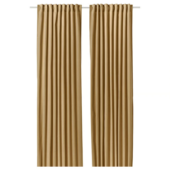 IKEA SANELA cotton velvet curtains beige-yellow pleated pair hanging straight #80589883