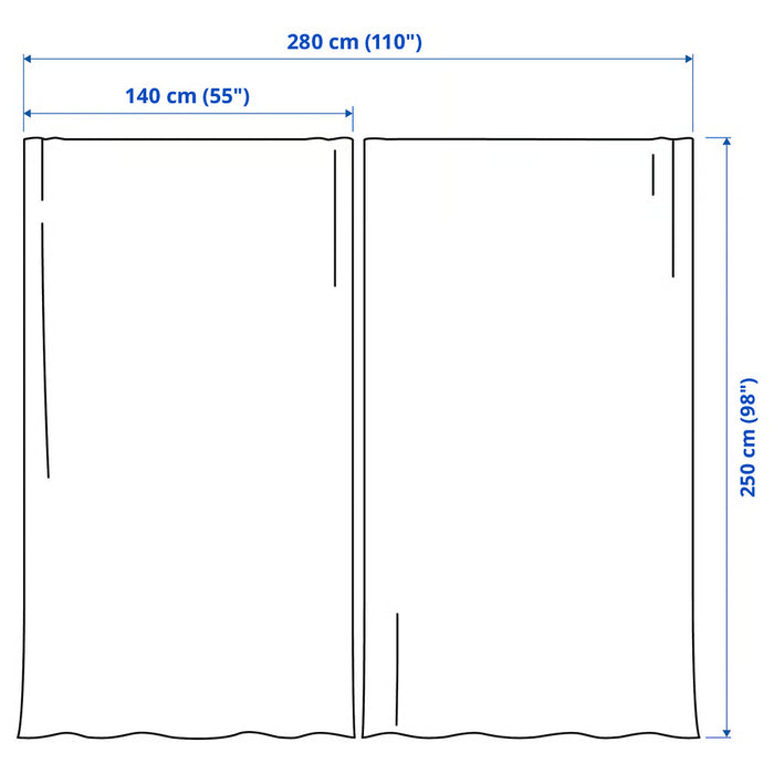 Measurement diagram of IKEA SANELA curtains showing width, length and area dimensions