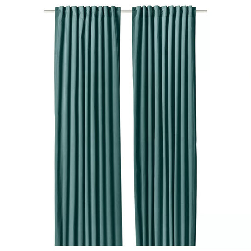 IKEA SANELA dark grey-turquoise cotton velvet curtains, pleated pair, floor-length #10589886