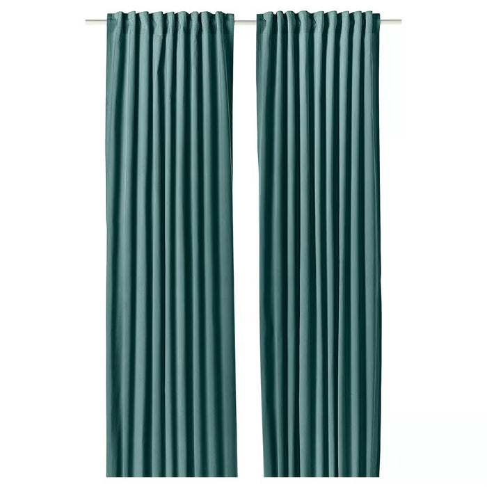 IKEA SANELA dark grey-turquoise cotton velvet curtains, pleated pair, floor-length #10589886