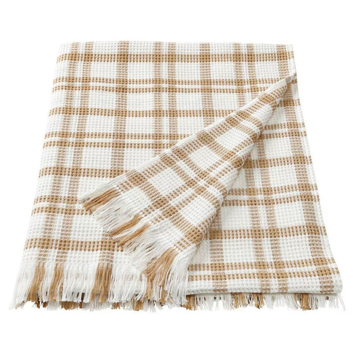 IKEA SIKELVINGE Throw, white dark beige/check, 130x170 cm with TRATTVIVA Bedspread, yellow-brown, 150x250 cm and NATTJASMIN Pillowcase, yellow, 50x80 cm