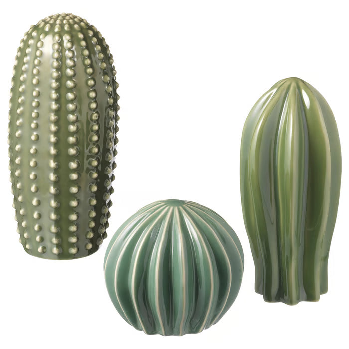 IKEA SJÄLSLIGT set of 3 green ceramic cactus figurines tall cylindrical round and slim upright #80343297