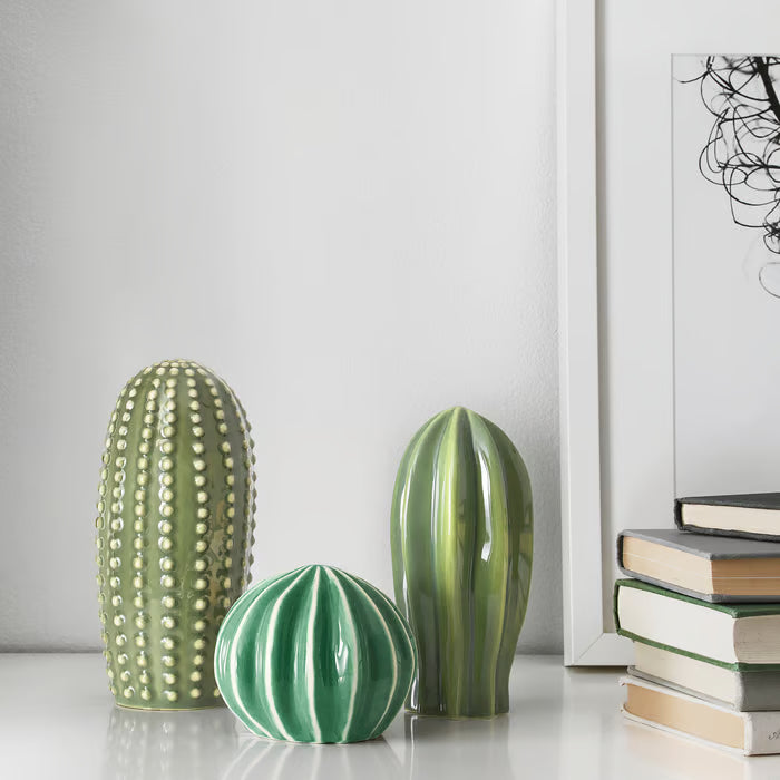 IKEA SJÄLSLIGT three green ceramic cacti displayed together on a white surface showing all three sizes