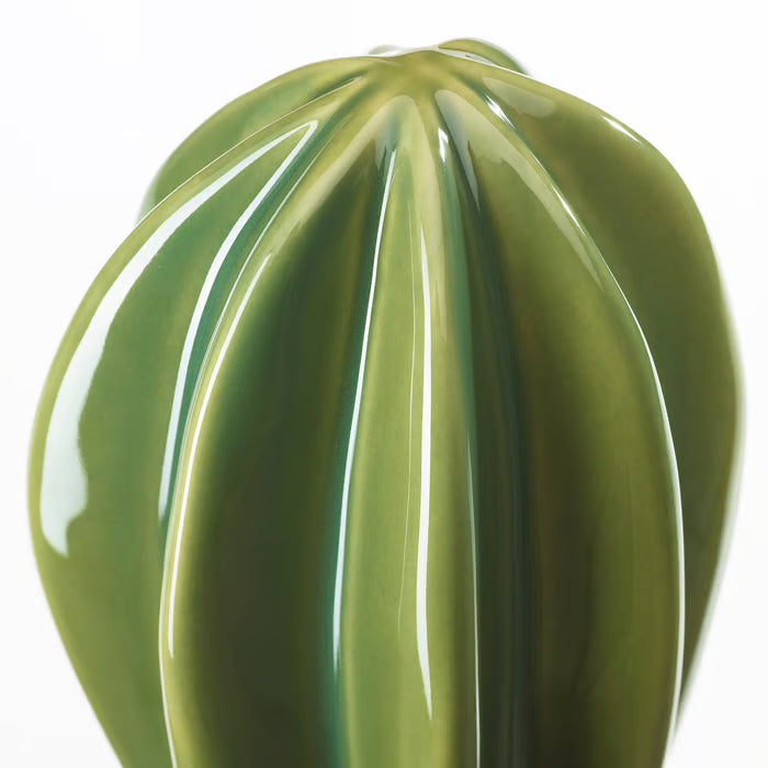 Close-up of IKEA SJÄLSLIGT tall green ceramic cactus with vertical ridges and glazed stoneware finish