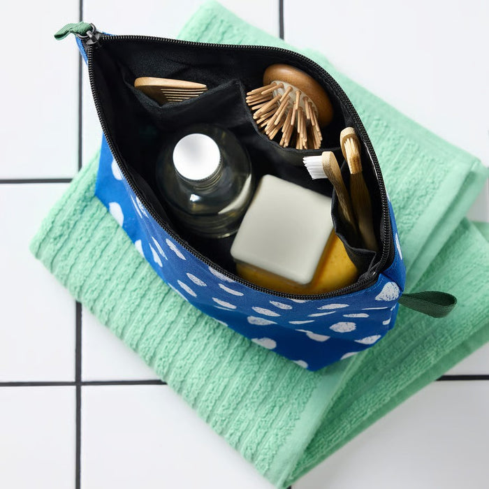 IKEA SKOGSSALLAT Toiletry bag, blue/white/dotted