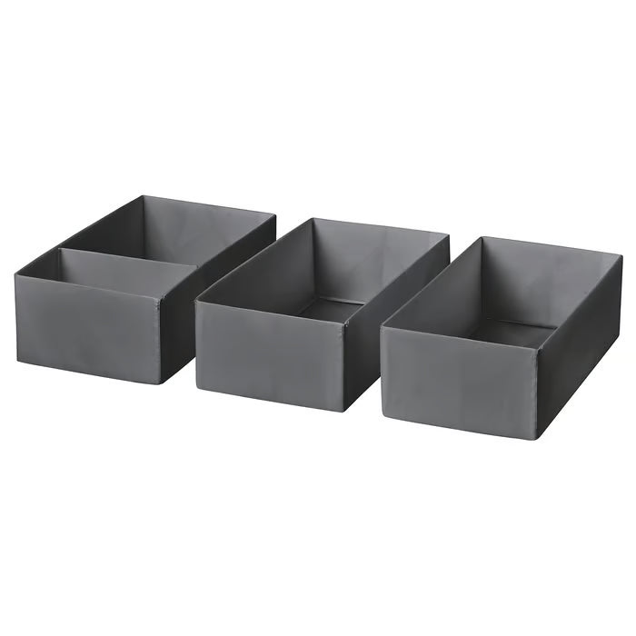 IKEA SKUBB dark grey drawer organiser box set of 3 each 20x38x12 cm folded flat view #80630585