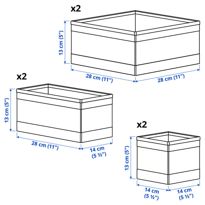 IKEA SKUBB box set of 6 measurement illustration showing three sizes 14x14 28x14 and 28x28 cm