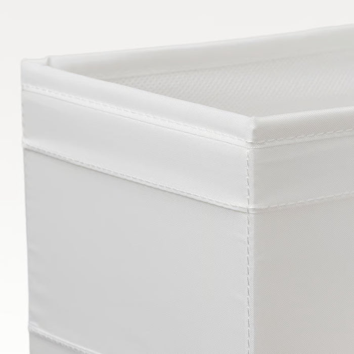 Close-up of IKEA SKUBB white organiser box showing recycled polyester fabric and stitching detail