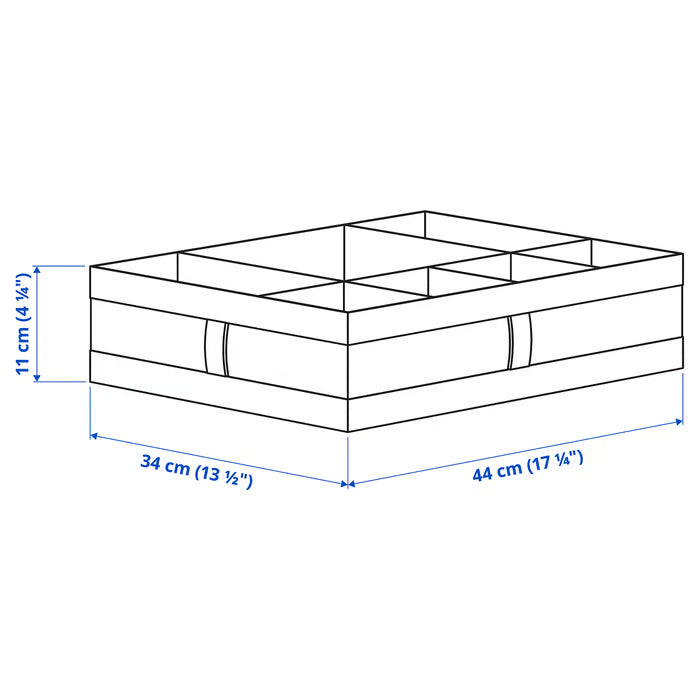 IKEA SKUBB white compartment box measurement diagram showing 44x34x11 cm dimensions